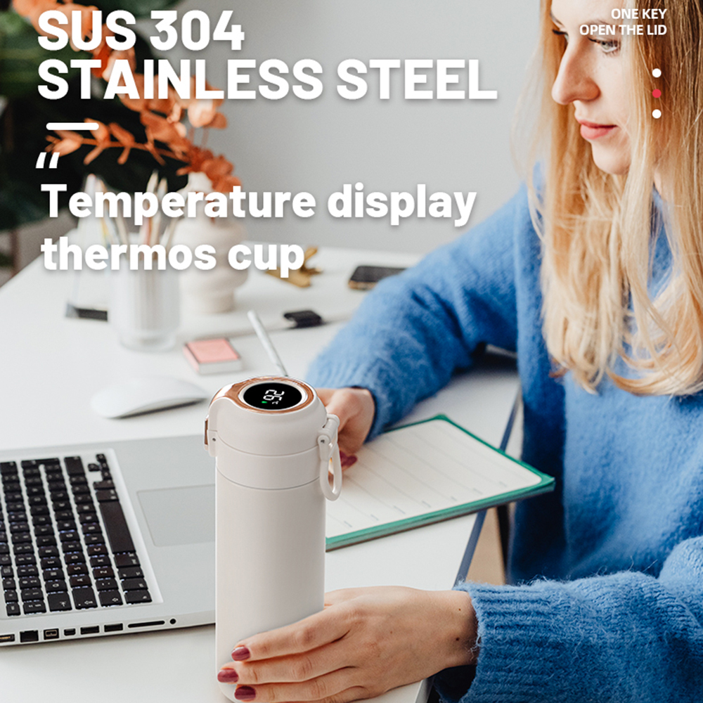 Termos THM1 cu Display Digital, Inel si Indicator de Temperatura din Ionx, 400ml, Roz - 3 | YEO